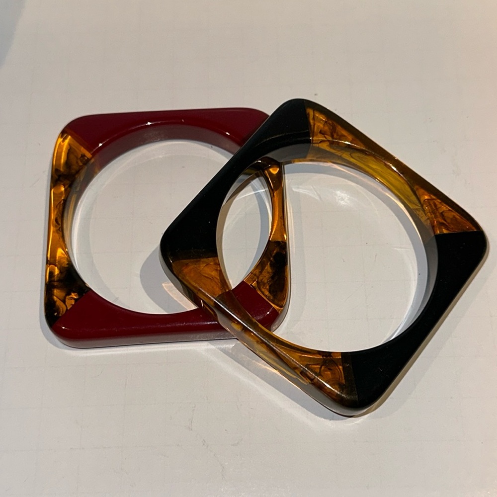 TWO Square Lucite/Resin Bangle Bracelet RED and BLACK